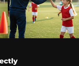 A coach high-fiving a young player on the pitch